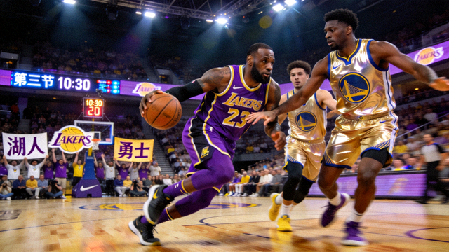 NBA季后赛湖人与勇士比赛现场球员激烈对抗画面